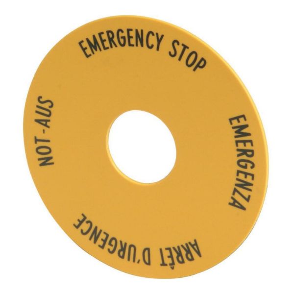 Schild, NOT-AUS, gelb, D = 60 mm, 4-sprachig, DE, EN, FR, IT – 216483