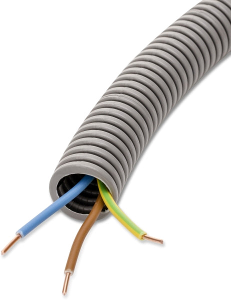 PVC-Panzerflexrohr,Ø20mm,biegs.,Turborillen,vorverdr.,YE 3x1,5mm² sw,bl,ge/gn – 65036