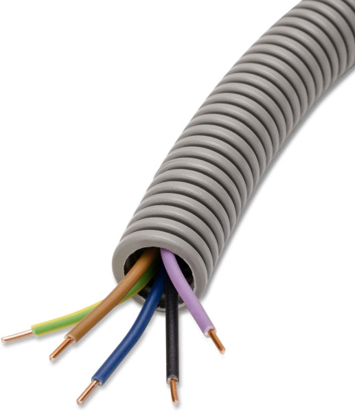 PVC-Panzerflexrohr,Ø20mm,biegs.,Turbor.,vorverdr.,YE 5x1,5mm² sw,br,vio,bl,ge/gn – 65038