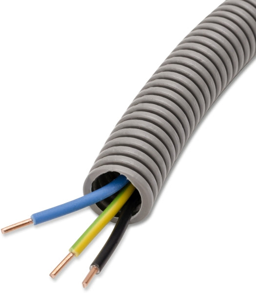 PVC-Panzerflexrohr,Ø20mm,biegs.,Turborillen,vorverdr.,YE 3x2,5mm² sw,bl,ge/gn – 65041