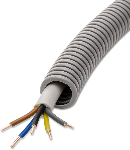 PVC-Panzerflexrohr,Ø25mm,biegs.,mittel,Turborillen,vorverdr.,YM 5x2,5mm² – 65049
