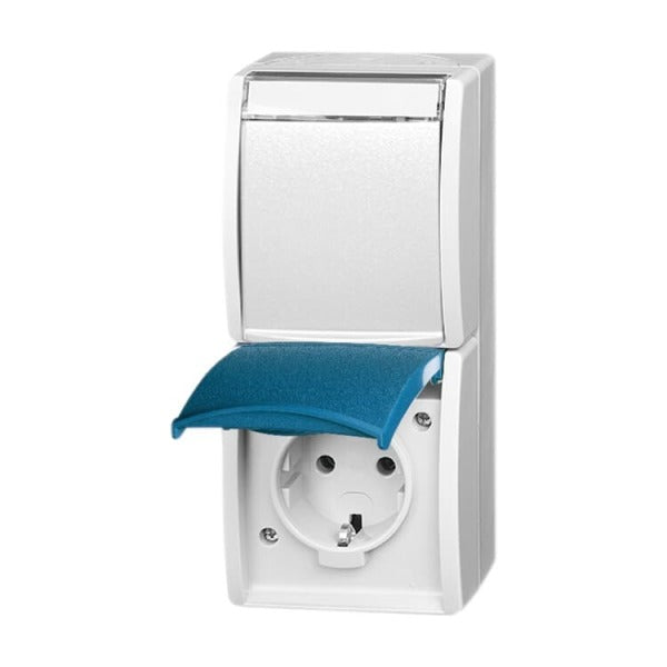 SCHUKO Doppelsteckdose senkrecht mit Klappdeckel Beschrfeld grau/blaugrün -ocean – 2CKA002084A0702