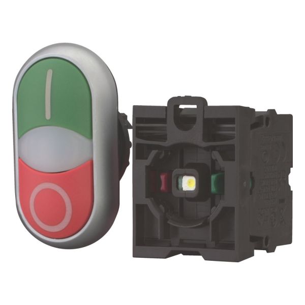 Doppeldrucktaste, RMQ-Titan, Tasten und Leuchtmelder vorstehend, tastend, 1 Ö, 1 S, Vorsatzlinse weiß, LED-Element, 85 - 264 V AC, grün, rot – 216509