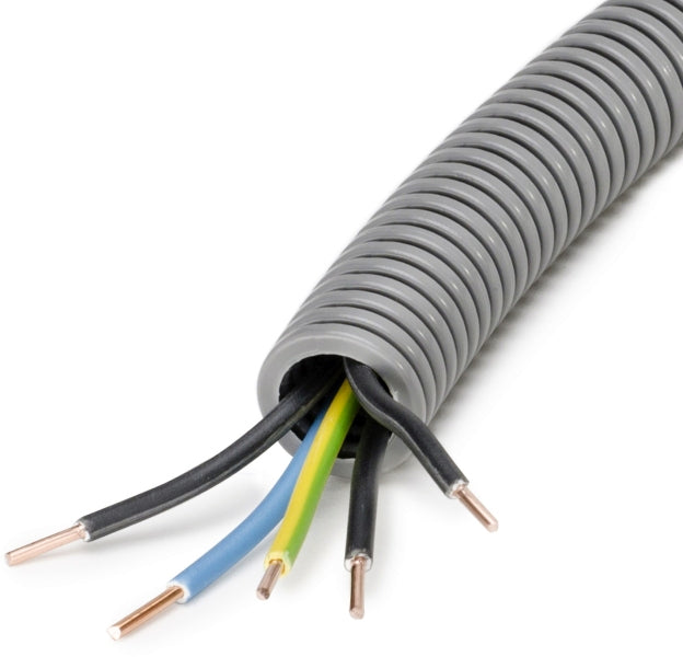PVC-Panzerflexrohr,Ø25mm,biegs.,Turborillen,vorverdr.,YE 5x2,5mm² 3xsw,bl,ge/gn – 65046