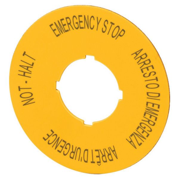 Schild, NOT-HALT, D = 90 mm, gelb, DE, EN, FR, IT – 121085