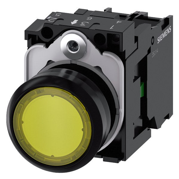 Drucktaster, beleuchtet, 22mm, rund, Kunststoff, gelb, 1S, AC/DC 24V – 3SU11020AB301BA0