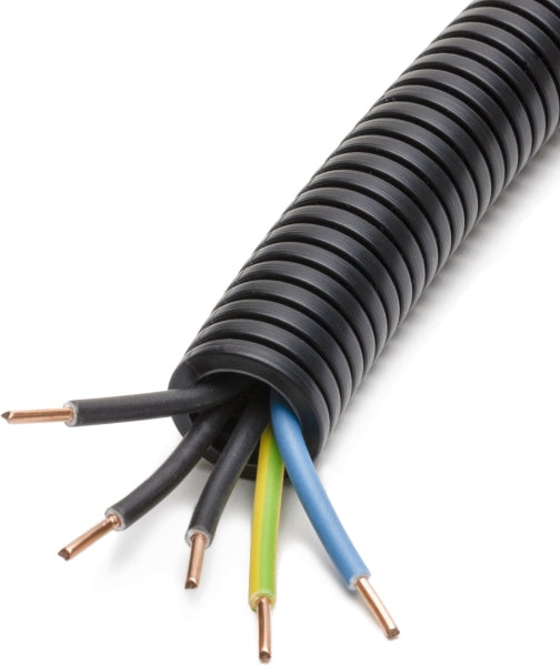 HFT-Panzerflexrohr,Ø20mm,biegs.,vorverdr.,halogenfr,H07Z1-U 5x2,5mm² 3xbl,ge/gn – 100330
