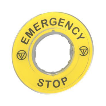 Schild Ø60 für Not-Halt-Taster, EMERGENCY STOP/Logo ISO13850 – ZBY9320