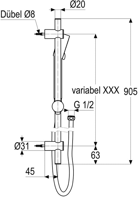 Alva Bela 1.0 Brausestangenset 90cm verstb. Wandbf.,HB 3-fach,BS 150cm,Chrom - AQARBEBSV.1