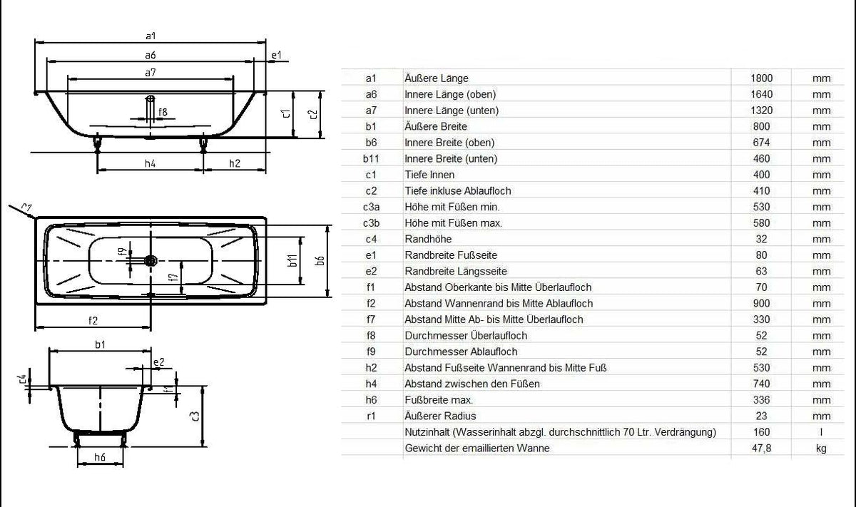 Alva Forta Stahlemail Wanne Duo 180x80cm, schweres Mod., Weiß oh. Füsse - AQBWFODUO180S