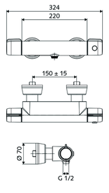 Alva Aufputz-Duscharmatur, Mischwasser, Thermostat, Auf/Zu-Aufputz-Duscharmatur, 2x DN 15 G 1/2 AG, DN 15 G 1/2 AG (unten), chrom - AQBFFOTBT