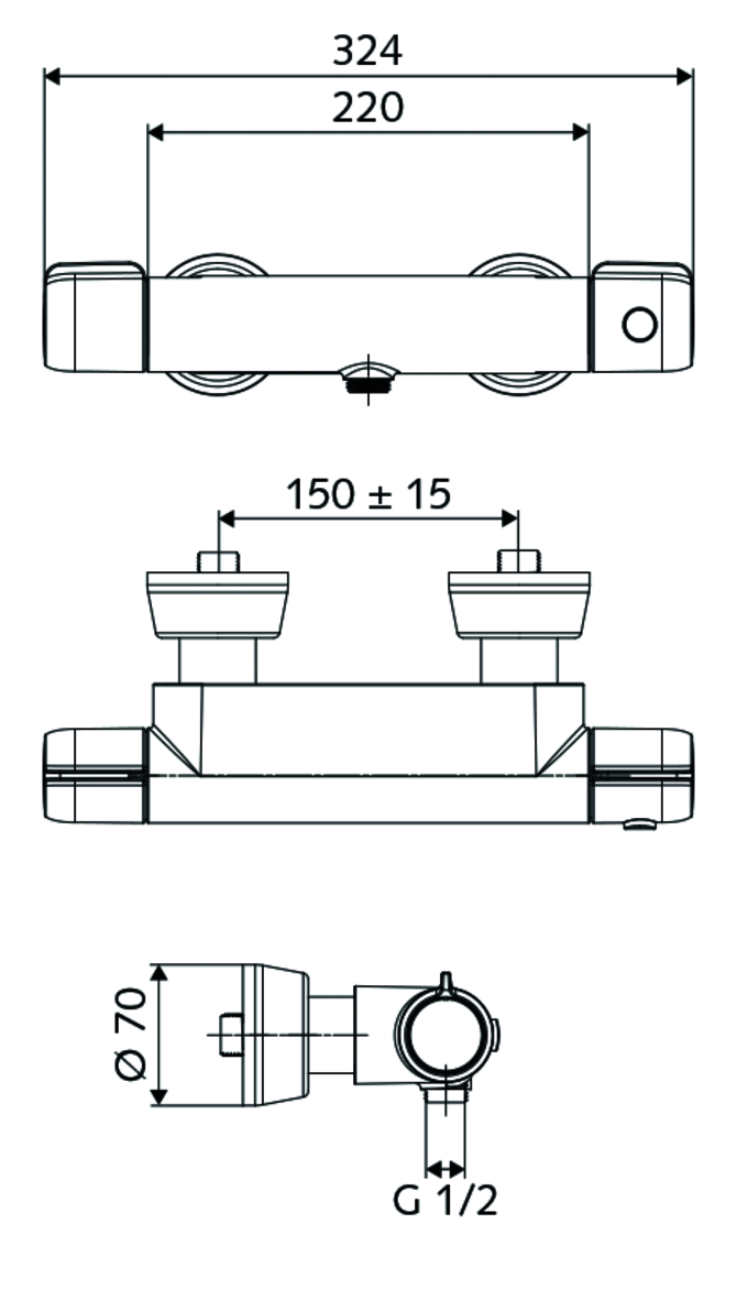 Alva Aufputz-Duscharmatur, Mischwasser, Thermostat, Auf/Zu-Aufputz-Duscharmatur, 2x DN 15 G 1/2 AG, DN 15 G 1/2 AG (unten), chrom - AQBFFOTBT