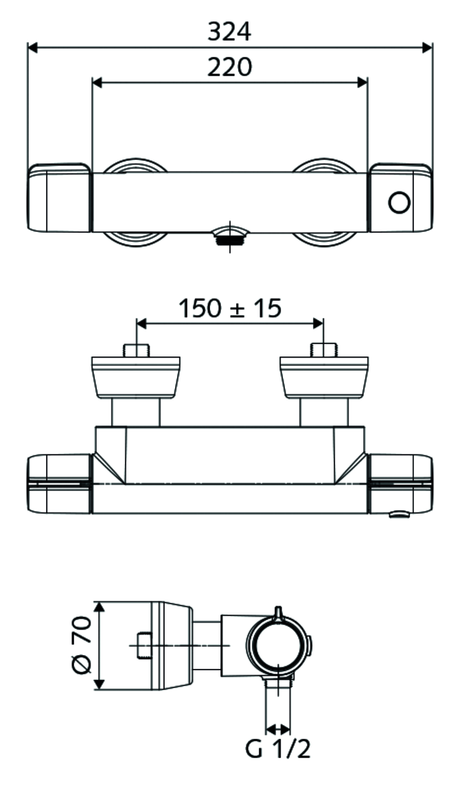Alva Aufputz-Duscharmatur, Mischwasser, Thermostat, Auf/Zu-Aufputz-Duscharmatur, 2x DN 15 G 1/2 AG, DN 15 G 1/2 AG (unten), chrom - AQBFFOTBT