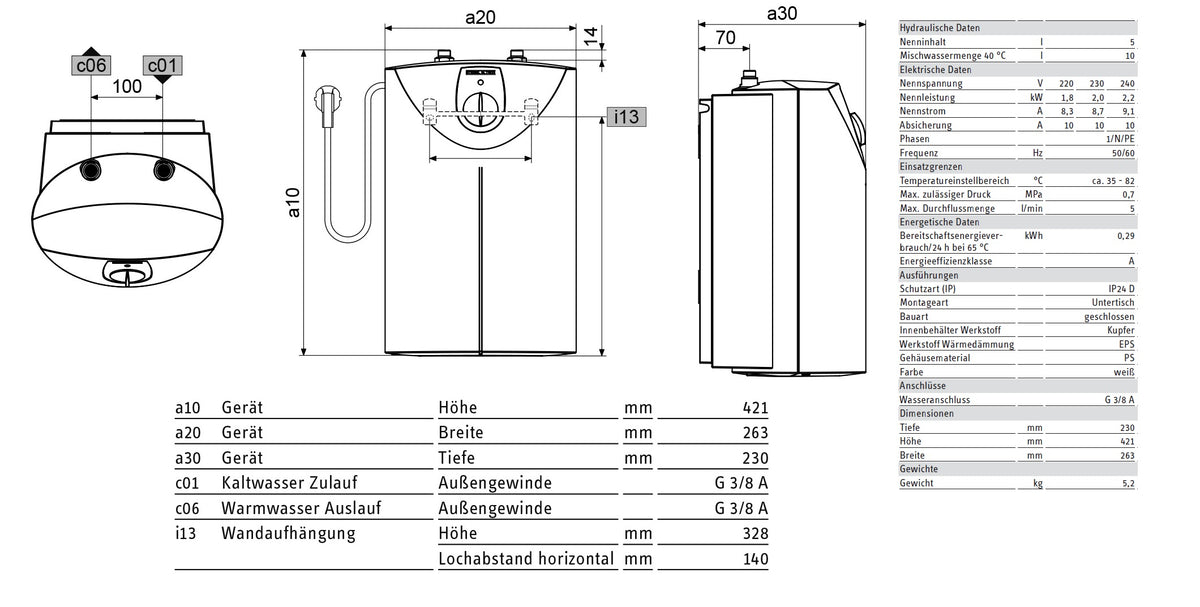 Alva Una E-Kleinspeicher 5 Liter Untertisch, 2 kW, druckfest - AQESP5UTDU