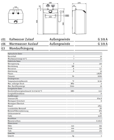 Alva Una E-Kleinspeicher 10 Liter Untertisch, 2 kW, drucklos - AQESP10UT.2