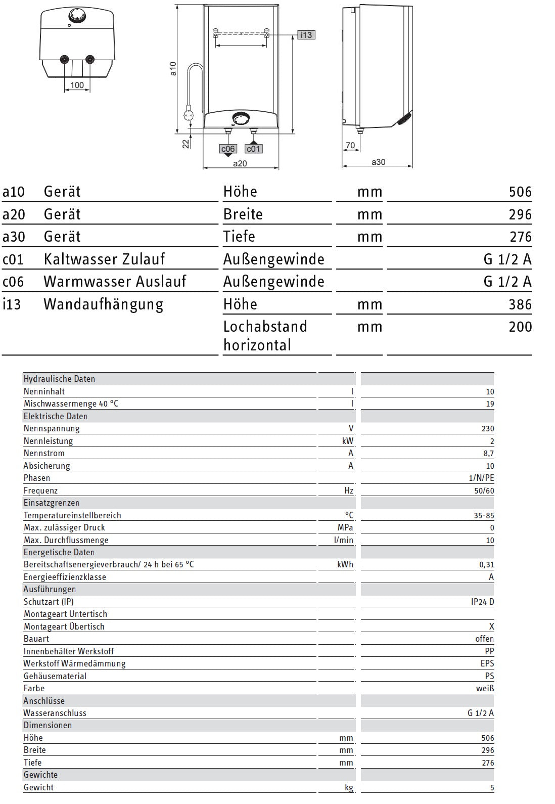 Alva Una E-Kleinspeicher 10 Liter Obertisch, 2 kW, drucklos - AQESP10OT.2