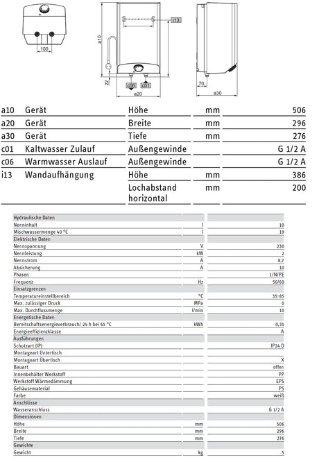 Alva Una E-Kleinspeicher 10 Liter Obertisch, 2 kW, drucklos - AQESP10OT.2