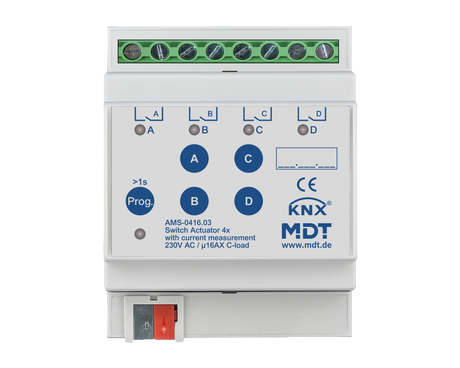 MDT Schaltaktor 4-fach, 4TE, REG, 16 A, 230 V AC, C-Last mit Strommessung, 140 µF  – AMS-0416.03