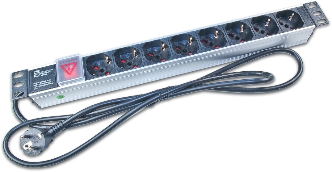 Alva 19 Zoll Steckdosenleiste 8x Schuko mit Schalter - 19Z-SDL8+SW