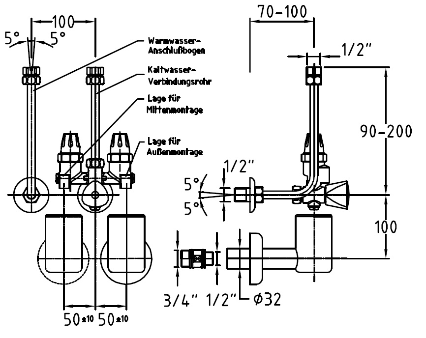 Alva Una Speicheranschlussgar. 1/2", für Mittenmontage, Chrom - AQSAGM
