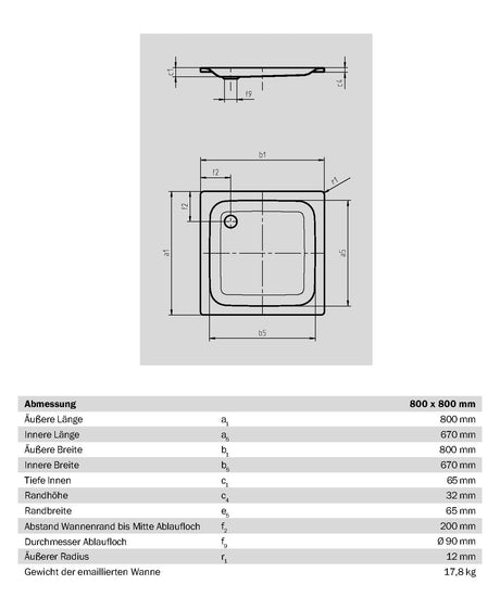 Alva Forta Stahlemail Brausetasse 80x80x6,5cm, schweres Mod.,Weiß oh.Füsse - AQBTFOBT80.6S