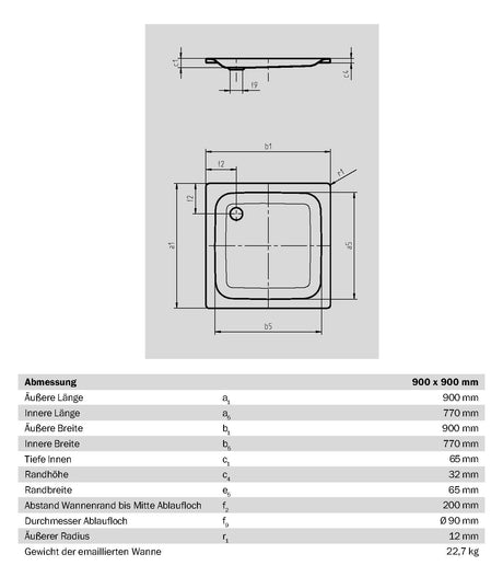 Alva Forta Stahlemail Brausetasse 90x90x6,5cm, schweres Mod.,Weiß oh.Füsse - AQBTFOBT90.6S