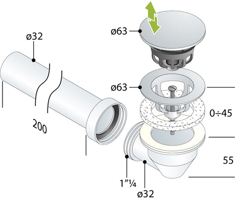 Alva Varia Set Ablaufvent. 5/4" Clic. f. AQARVARSS1,m.Anschluß-Bogen + Rohr,SchwM - AQARVARSS1S1S