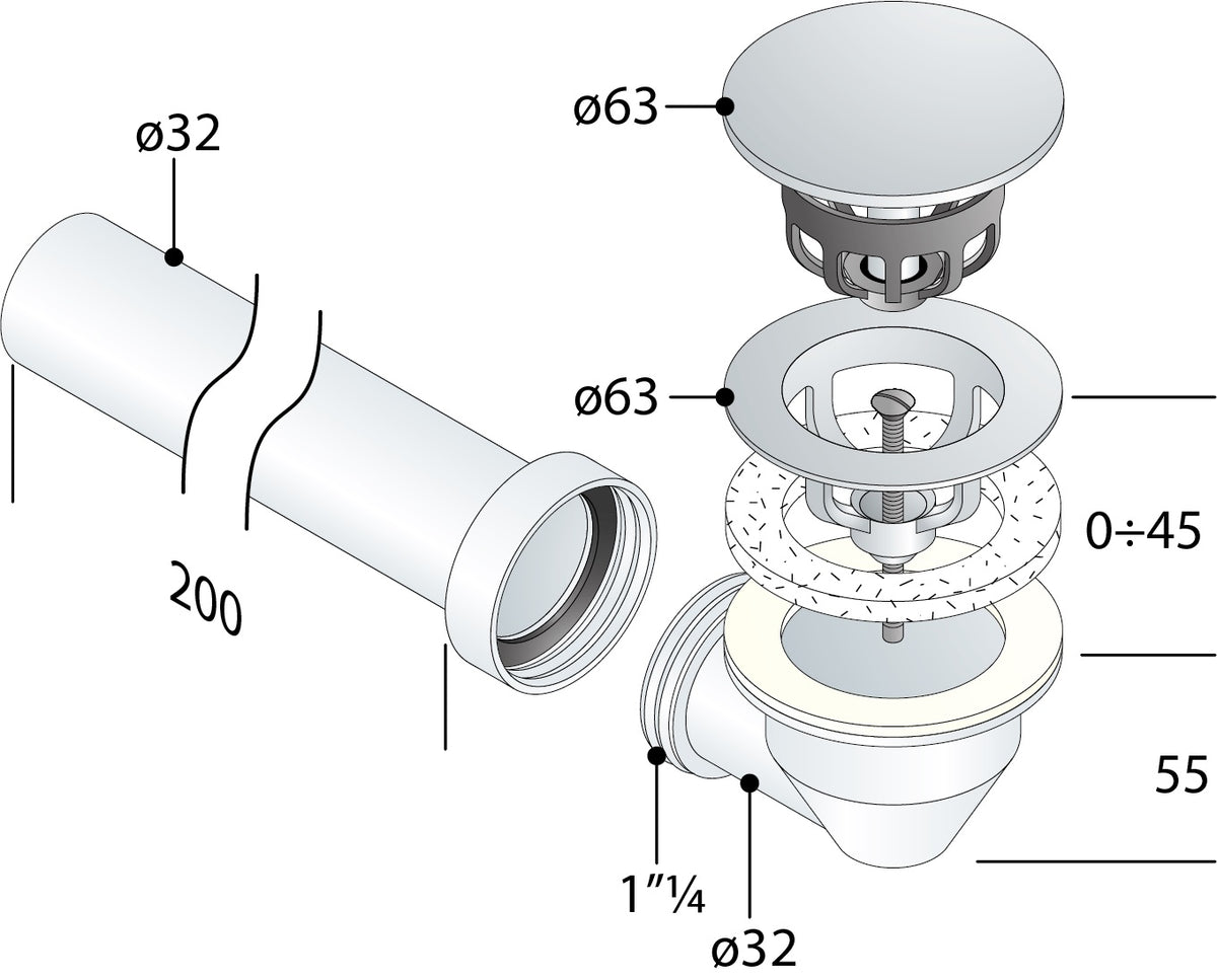 Alva Varia Set Ablaufventil 5/4" für AQARVARSS1,m.Anschluß-Bogen + Rohr,Chrom - AQARVARSS1S2