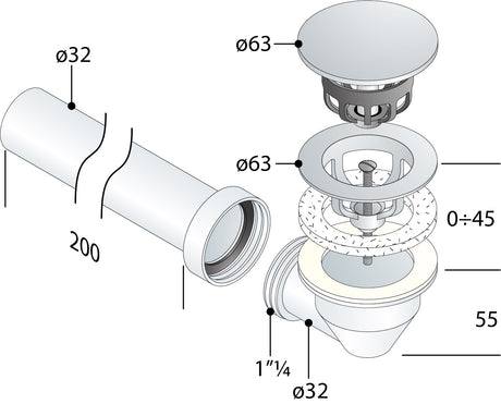 Alva Varia Set Ablaufventil 5/4" für AQARVARSS1,m.Anschluß-Bogen + Rohr,Chrom - AQARVARSS1S2