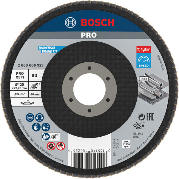 BOSCH POWER TOOLS PRO X571 Fächerschleifscheibe, 125 mm, G 60, gewinkelt, Glasfaser  – 2 608 606 923