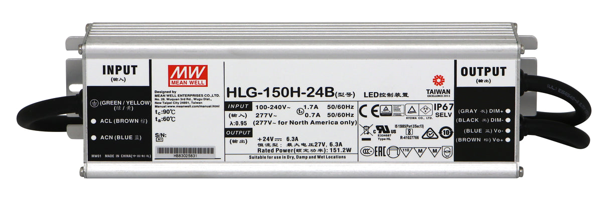 Meanwell LED Schaltnetzeil IP67 150W 24V/6,3A Konstantspannung-/strom einst.,dimm.   – HLG-150H-24B
