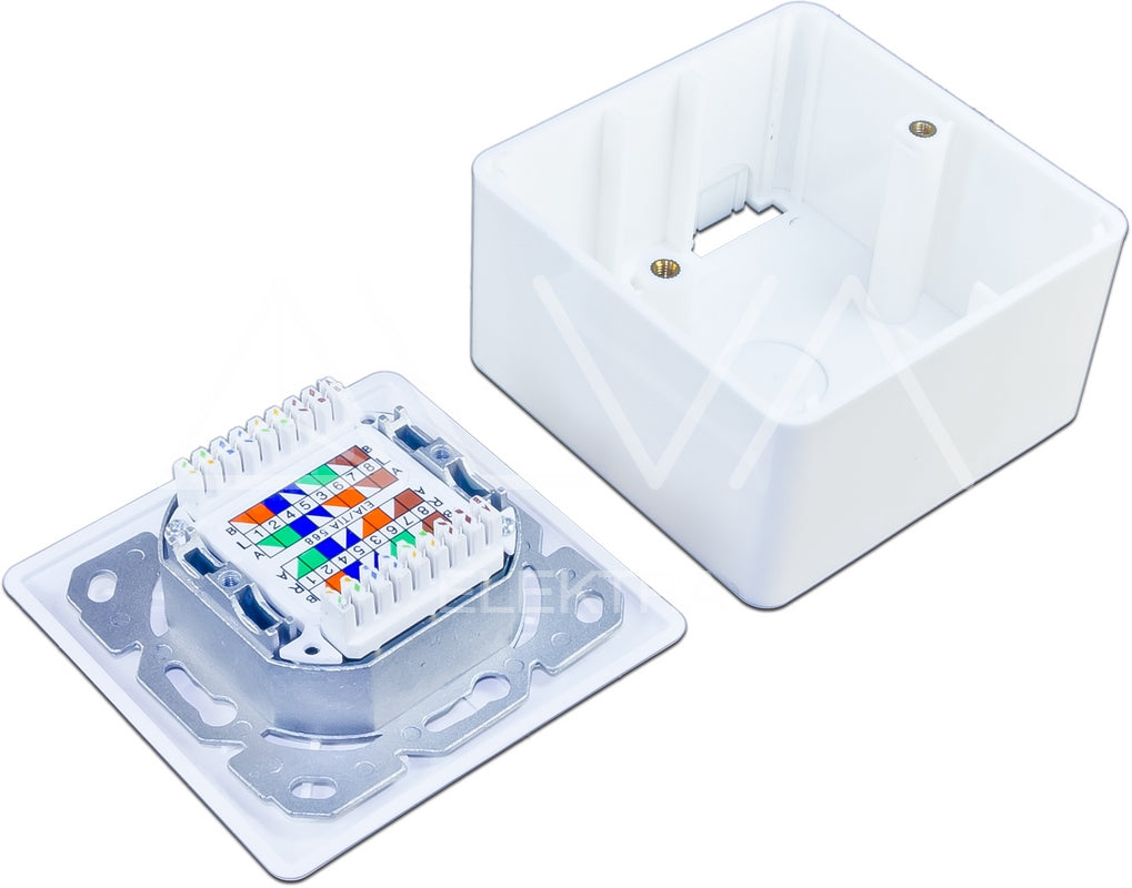 Alva KAT.6 Aufputzdose komplett 2xRJ45 Schrägauslass geschirmt, RAL9010, LSA+ - DD-KAT6-2-AP-9010