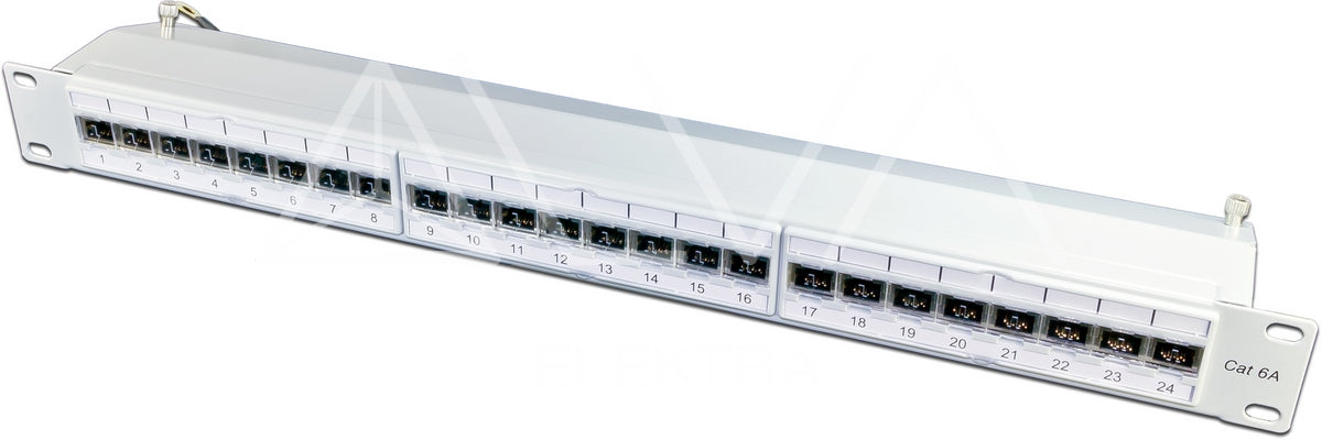 Alva 19 Zoll Patchpanel KAT.6A, 24-Port, geschirmt, LSA+, grau - 19Z-PP-KAT6A-24