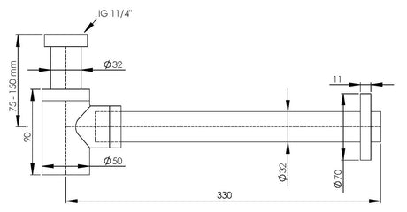 Alva Varia Design-Sifon 5/4" kurze BH ohne Ventil, Wandrohr 32x300mm, Chrom - AQARVADS8