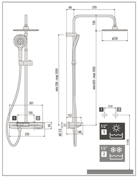 Alva Spa Duschsystem 120cm Thermostat, Chrom, Ablagefläche Weiß - AQARSPDST10