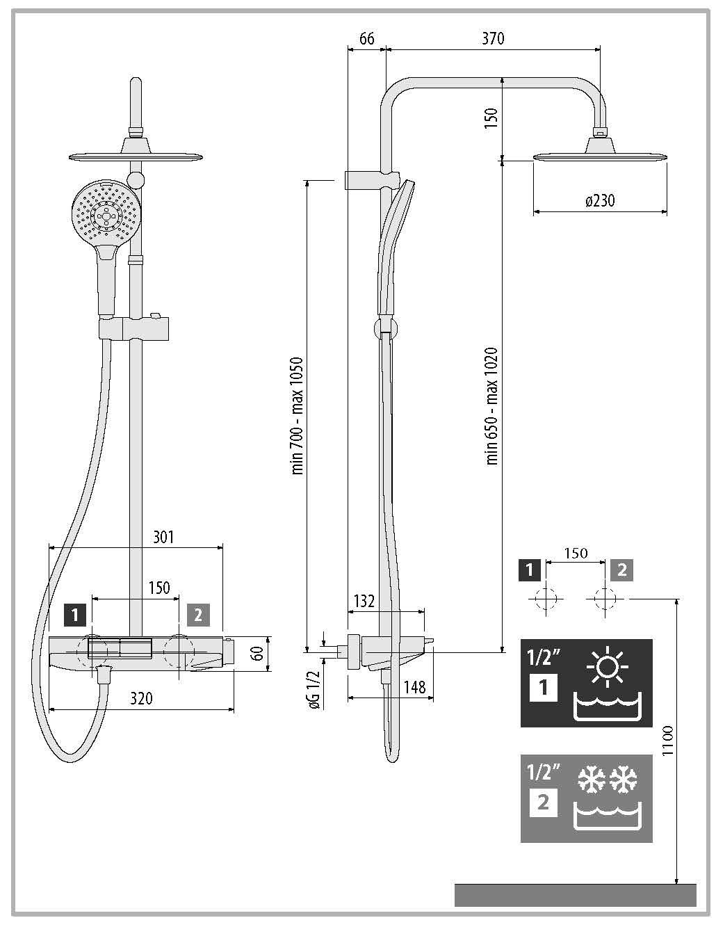 Alva Spa Duschsystem 120cm Thermostat, Chrom, Ablagefläche Weiß - AQARSPDST10