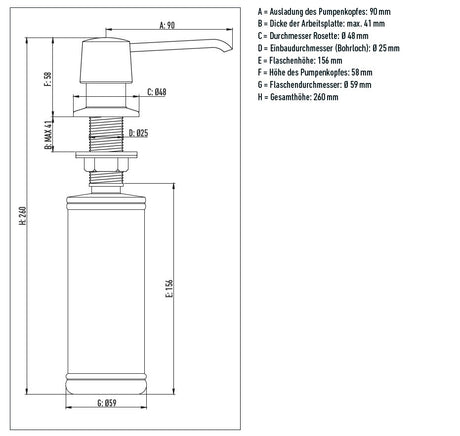 Alva Varia Einbauseifenspender 280ml für AQSLVAAB++GFK u. Arbeitspl. bis max.41mm - AQSLVAESP
