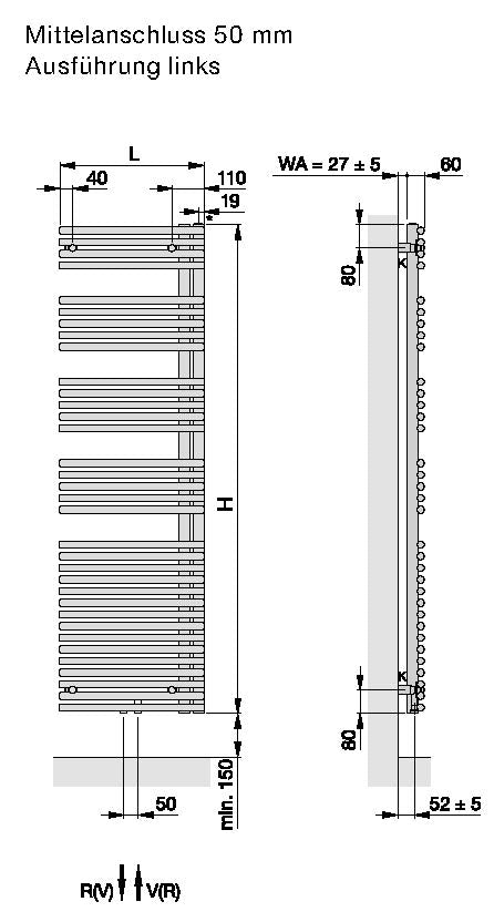 Alva Bela 2.0 Badheizkörper Mittenan- schluss, 116,1x50cm, links offen, Weiß - AQBHBE120.50L