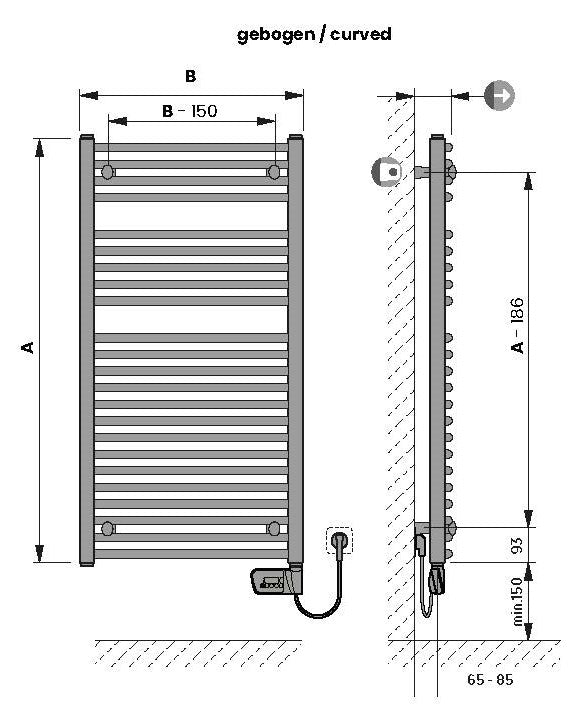 Alva Una 2.0 Badheizkörper gebogen weiß rein elektrisch, 143x60cm, 750W - AQBHK143GEL.2