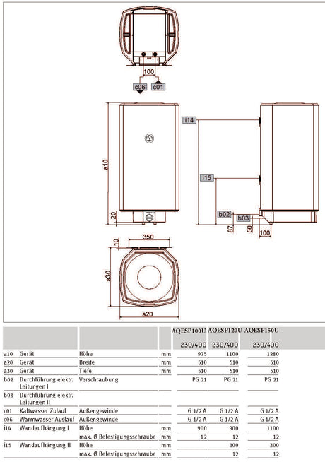 Alva Una E-Speicher 150 Liter 230V/400V, 3,9kW - AQESP150U