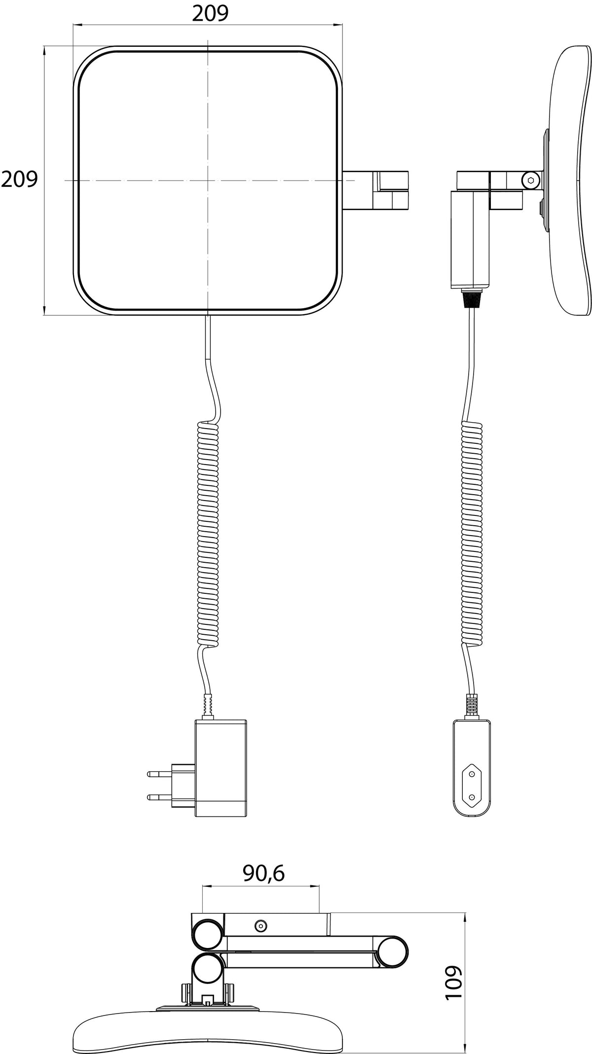 Alva Varia Kosmetikspiegel 5-fach LED, eckig 20,9cm,Gelenk.Kabel,Schwarz - AQBMVAKSPB6S