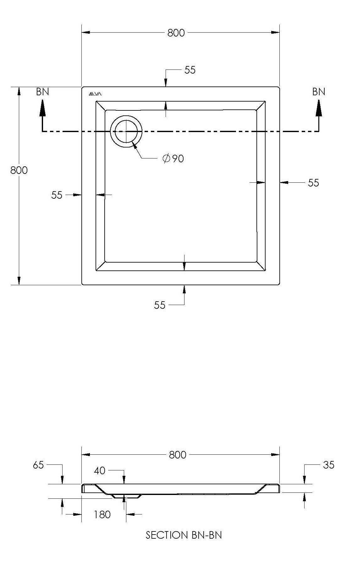 Alva Una 1.0 Acryl Brausetasse 80x80x6,5cm, Weiß ohne Füße - AQBT80F1