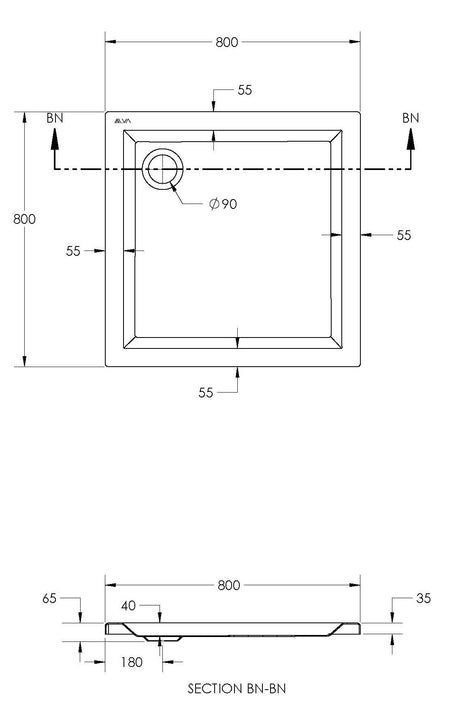 Alva Una 1.0 Acryl Brausetasse 80x80x6,5cm, Weiß ohne Füße - AQBT80F1