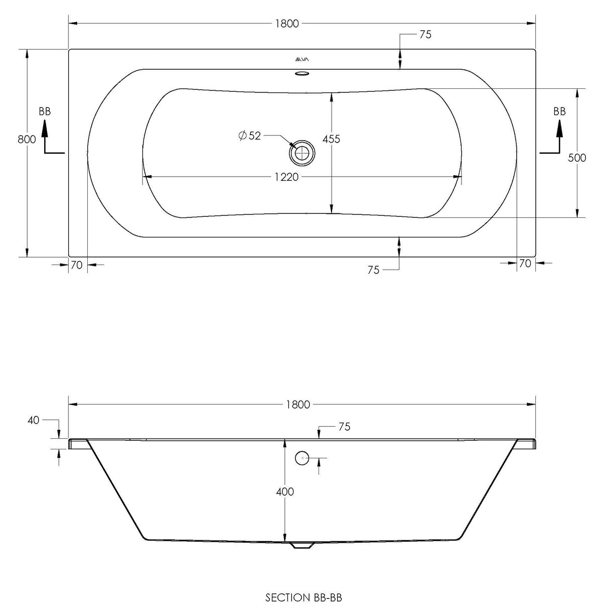 Alva Una 1.0 Acryl Wanne Duo 180x80cm, Weiß ohne Füße - AQDUO180.1