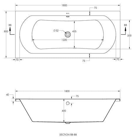 Alva Una 1.0 Acryl Wanne Duo 180x80cm, Weiß ohne Füße - AQDUO180.1
