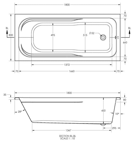 Alva Una 1.0 Acryl Wanne Combi 180x80cm, Weiß ohne Füße - AQCOM180.1