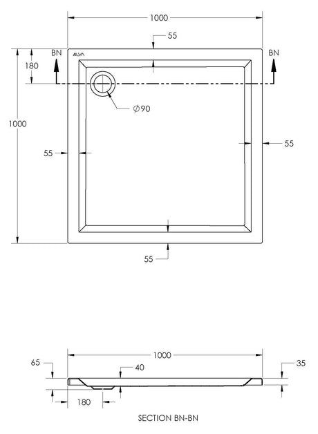 Alva Una 1.0 Acryl Rundbrausetasse 100x100x6,5cm, R55, Weiß ohne Füße - AQRBT100F1