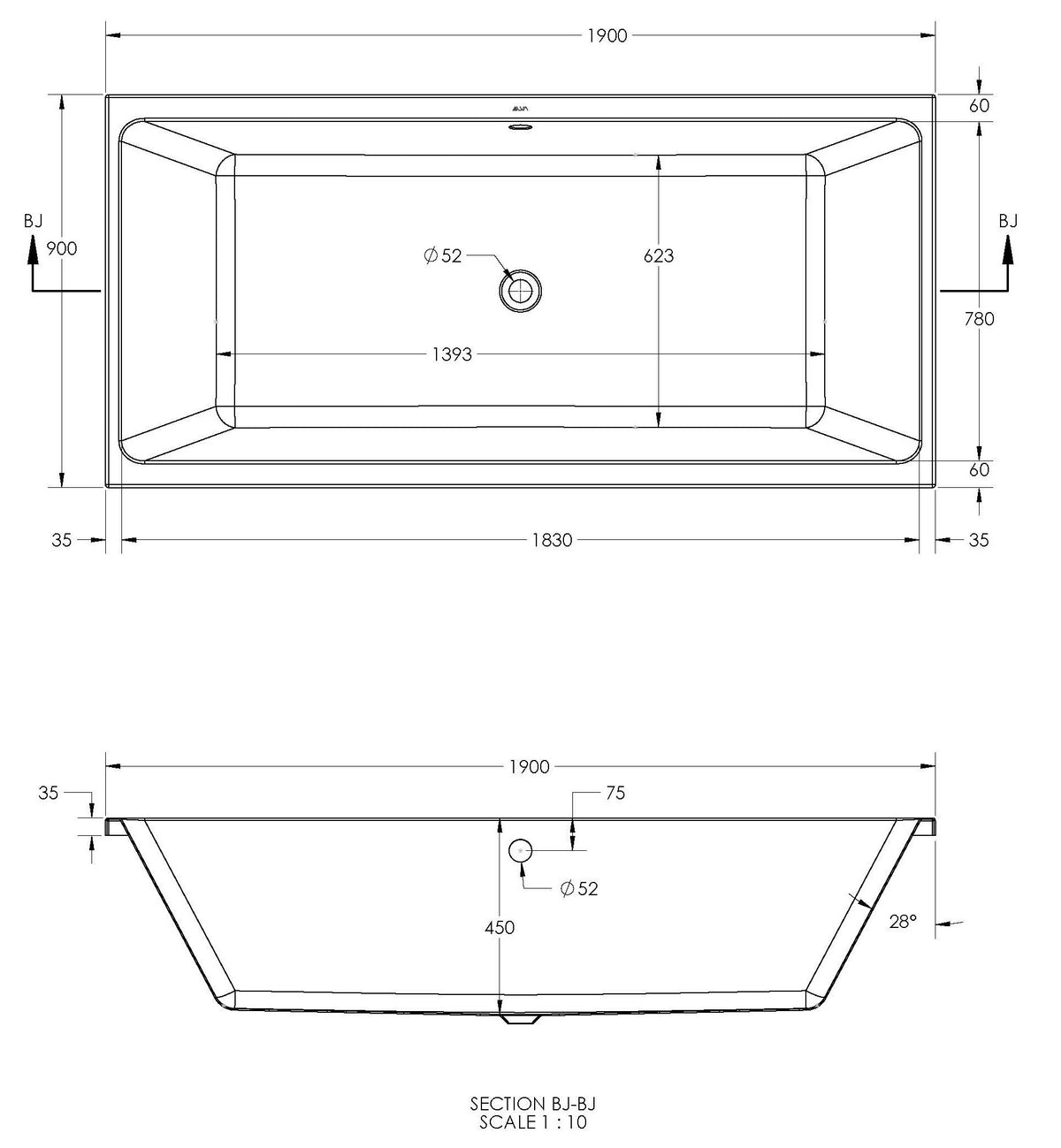 Alva Idea 1.0 Acryl Wanne Duo 190x90cm, Weiß ohne Füße - AQBWIDDUO190.1