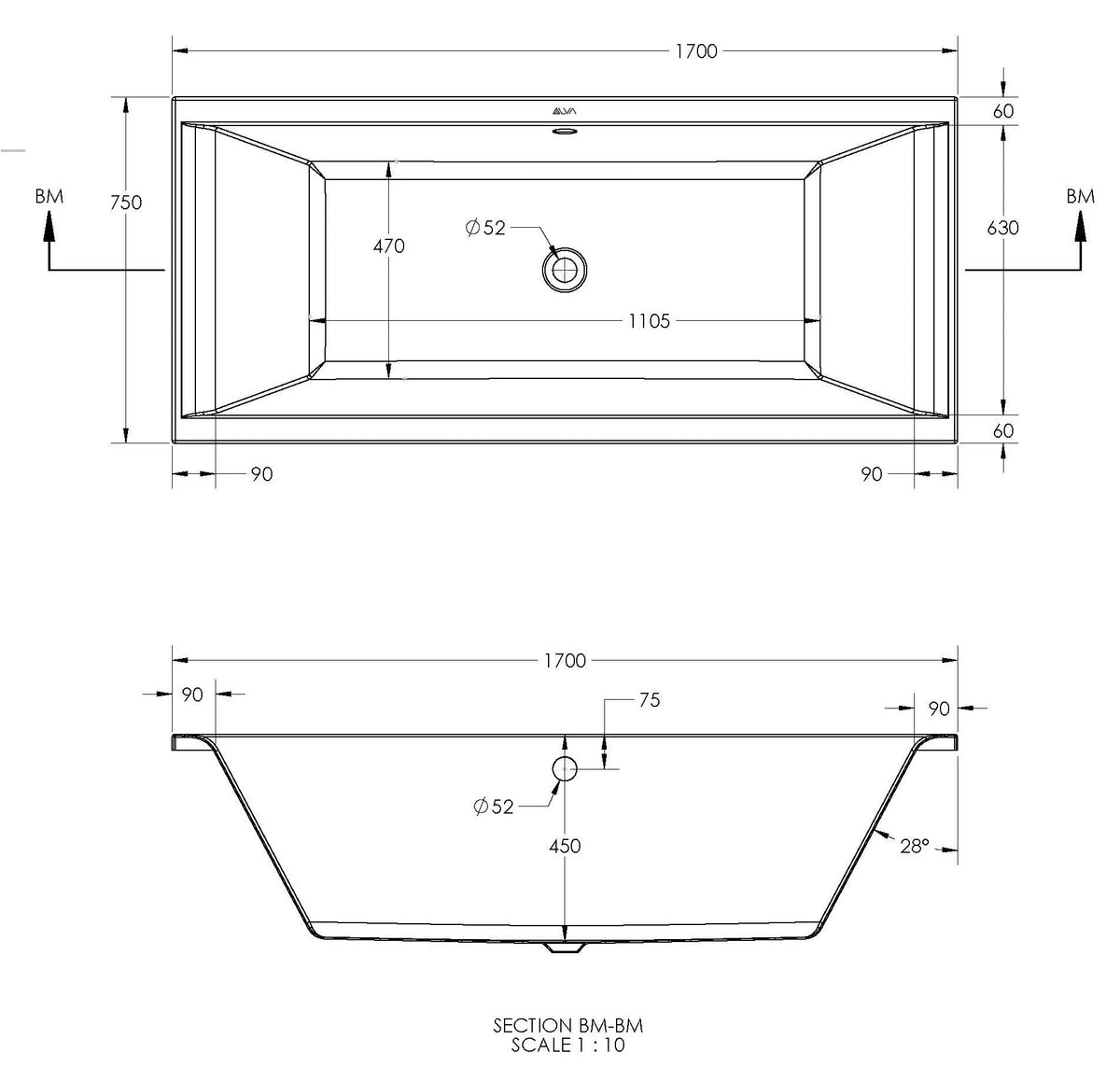 Alva Idea 1.0 Acryl Wanne Duo (P) 170x75cm, Weiß ohne Füße - AQBWIDDUOP170.1