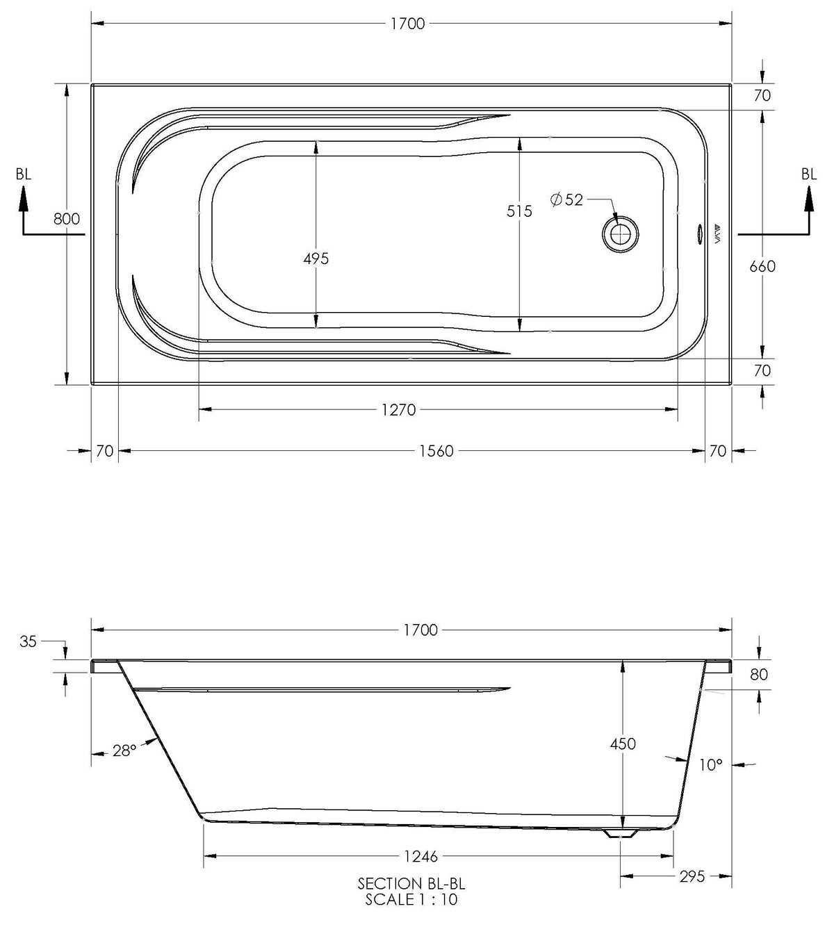 Alva Una 1.0 Acryl Wanne Combi 170x80cm, Weiß ohne Füße - AQCOM170.1